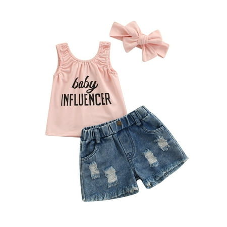 

Mialoley Baby Girls Outfit Set Letter Print Tops + Denim Shorts + Headband