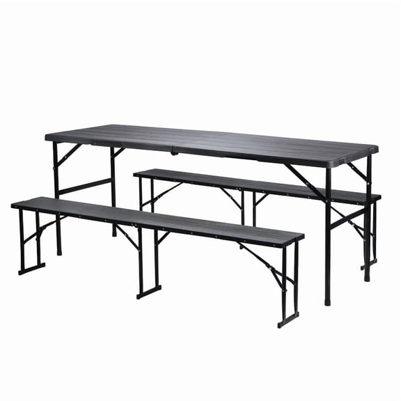 6 Foot Folding Picnic Table with 2 Benches, Heavy Duty Portable Camping Table Set with Wood Grain, Indoor Outdoor Dining Furniture for Patio