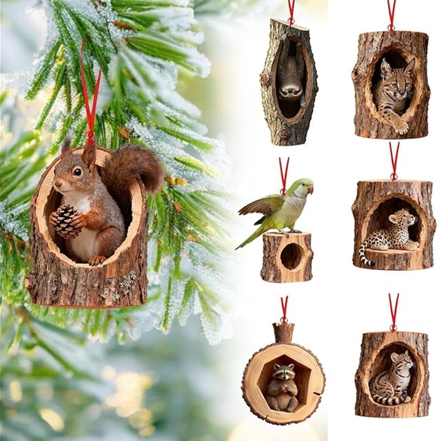6 Adornos Navideños de Animales Acrílicos Planos 2D | Adornos Navideños de Búho y Mapache | Cuerdas Colgantes Resistentes | Decoración Navideña Festiva para Coronas de Árbol, Regalos de Pared