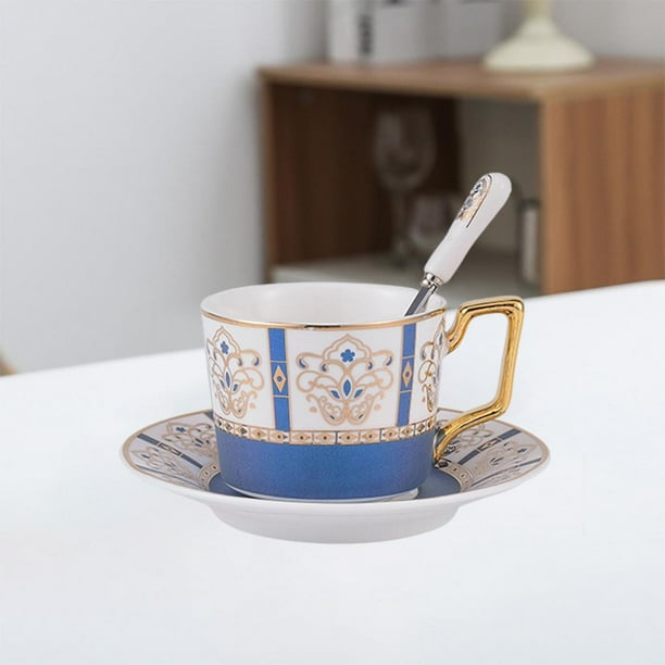 Taza de te Yotijar de cerámica pintada 250ml con platillo azul