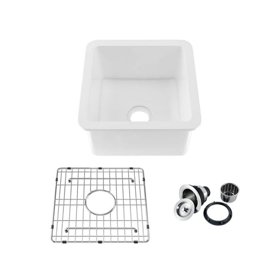 18" White Fireclay Farmhouse Undermount Kitchen Sink with Bottom Grid and Strainer