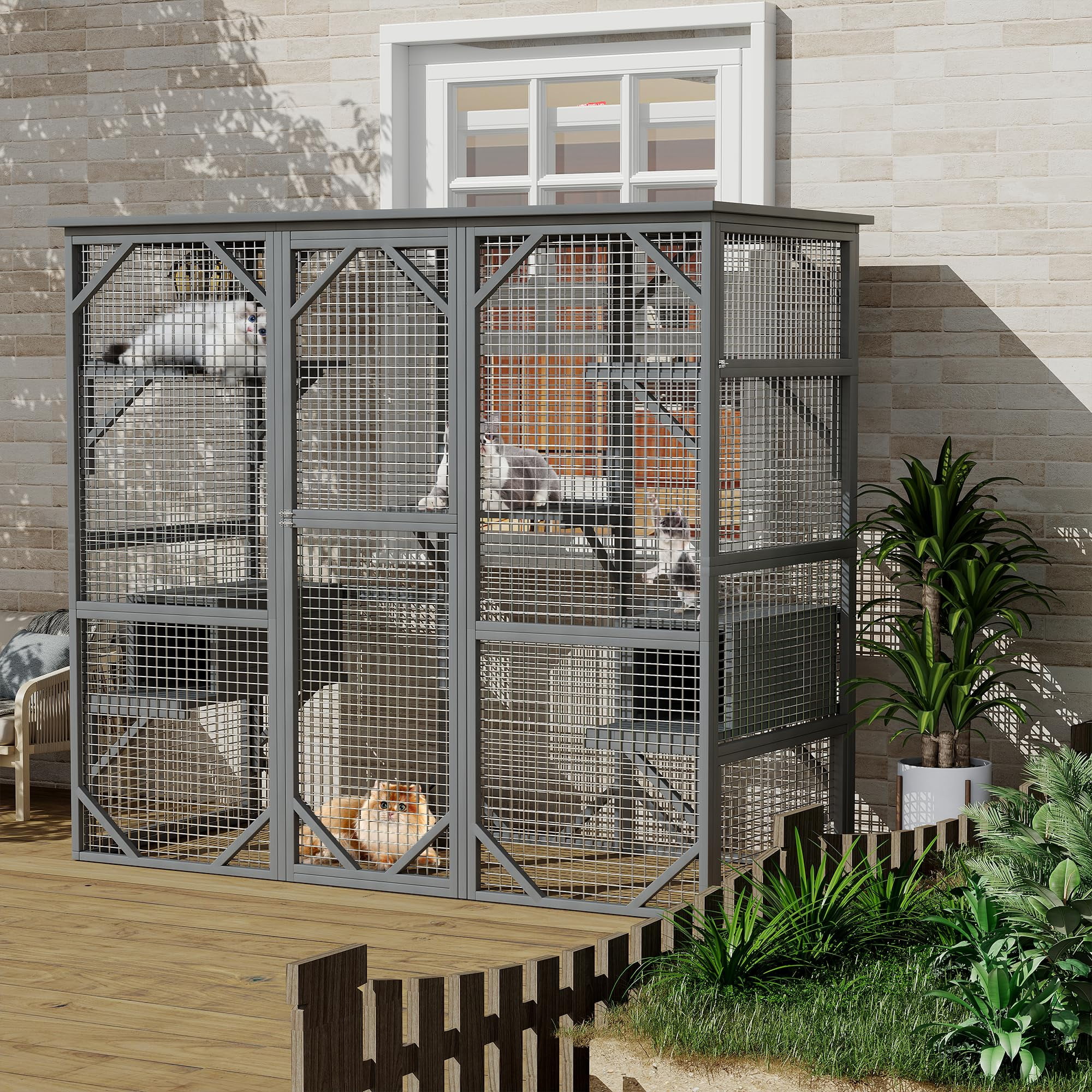 Outdoor Window Cat Enclosure, Walk-in Cat Cage, Outdoor Enclosure Extra Large,Grey,Large