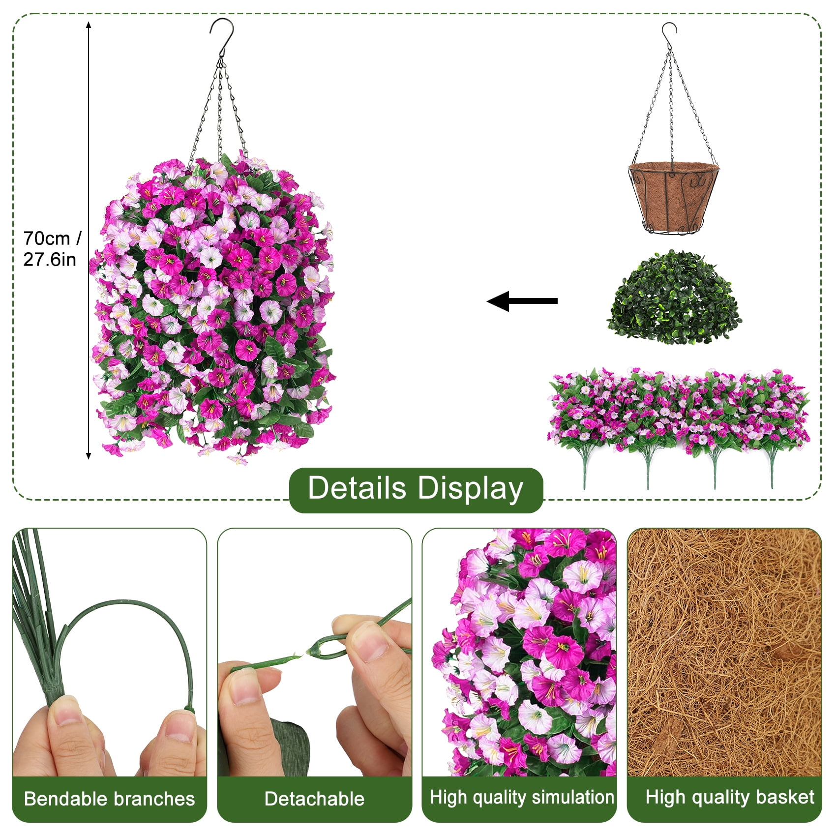 Scidweet Artificial Hanging Flowers Outdoor, 4 Bundles Faux Fake Silk Morning Glory Flowers Plants with Basket for Spring Summer Outside Patio Garden Porch Yard Home Decor