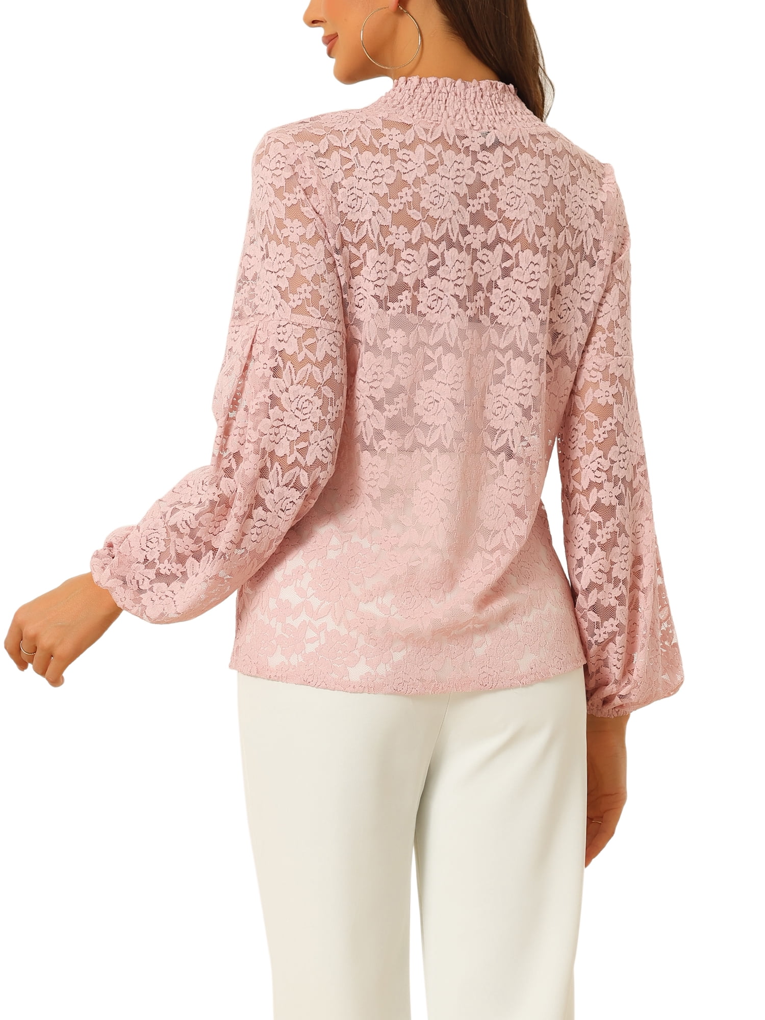 DARING DIVA Lace Elastic Cuff Long Sleeves Vintage Blouse M Pink