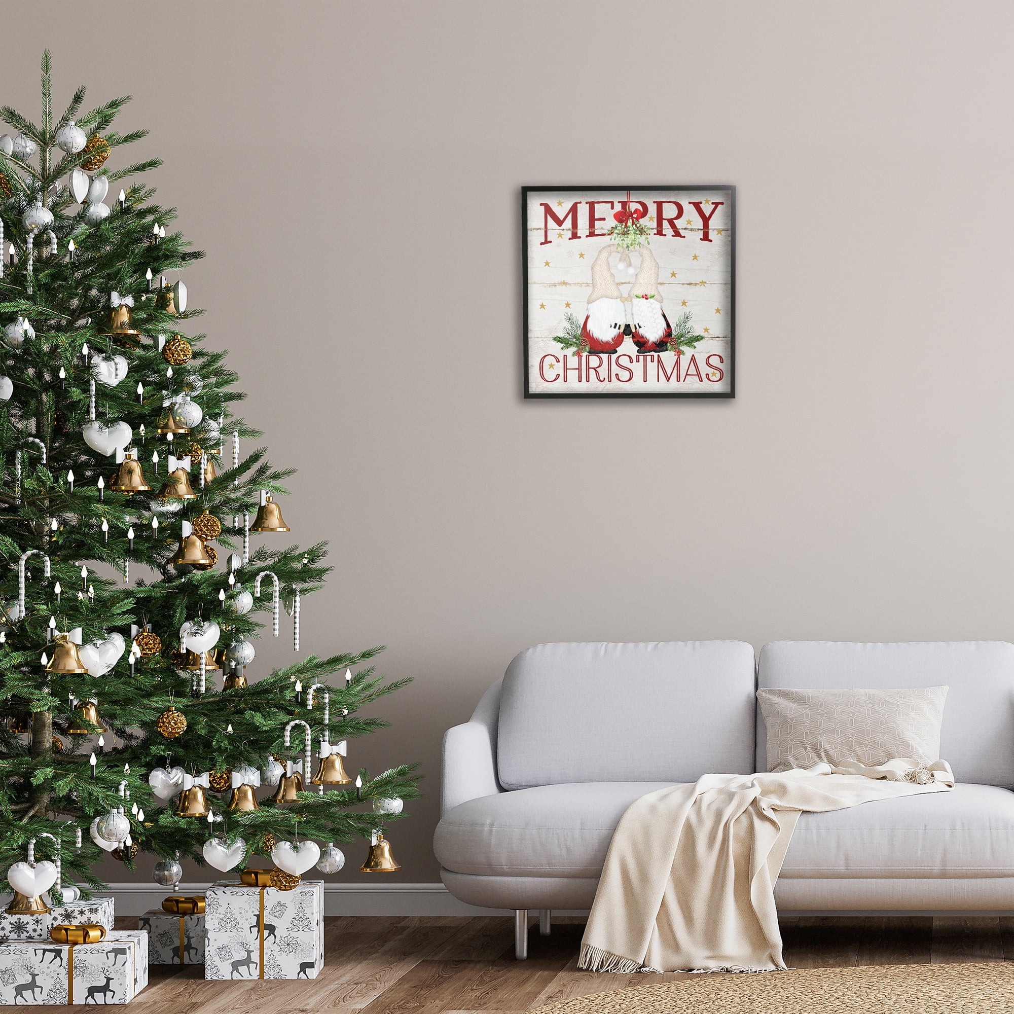 Stupell Industries Holiday Gnomes Under Mistletoe Holiday Painting Black Framed Art Print Wall Art, 24 x 24