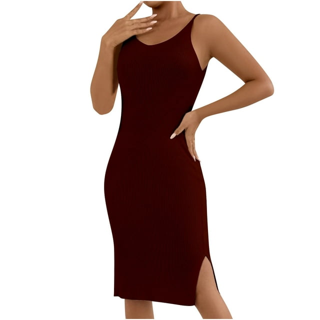 Staron Robes en Liquidation pour Femmes 2025 Décontractées Été Col en V Robe Mini Côtelée Printemps Été Tricotée Moulante Sans Manches Robe Chandail de Vacances Vin G