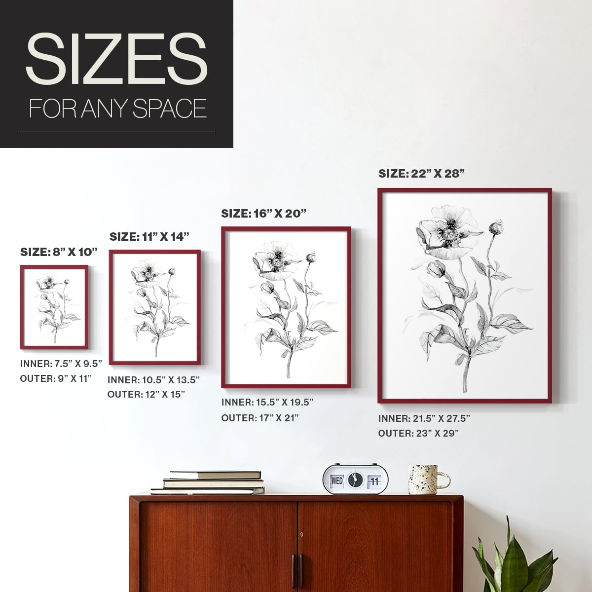 Wild Poppy Sketch Framed Print in Red Solid Wood 8 x 10 Framed Print