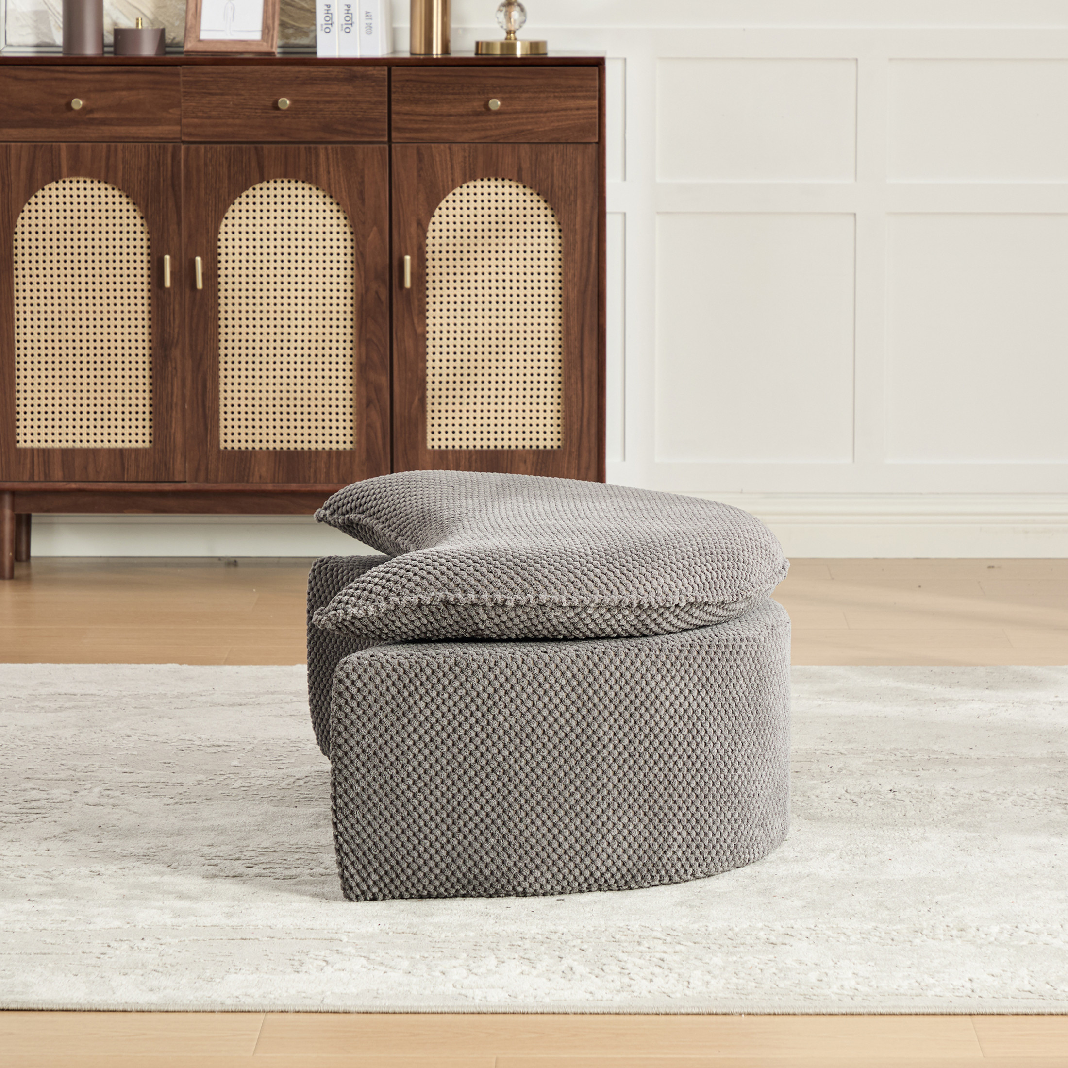 GDF Studio 34.45-Inch Moon-Shaped Footstool Ottoman with Pineapple Lattice Fabric, Gray