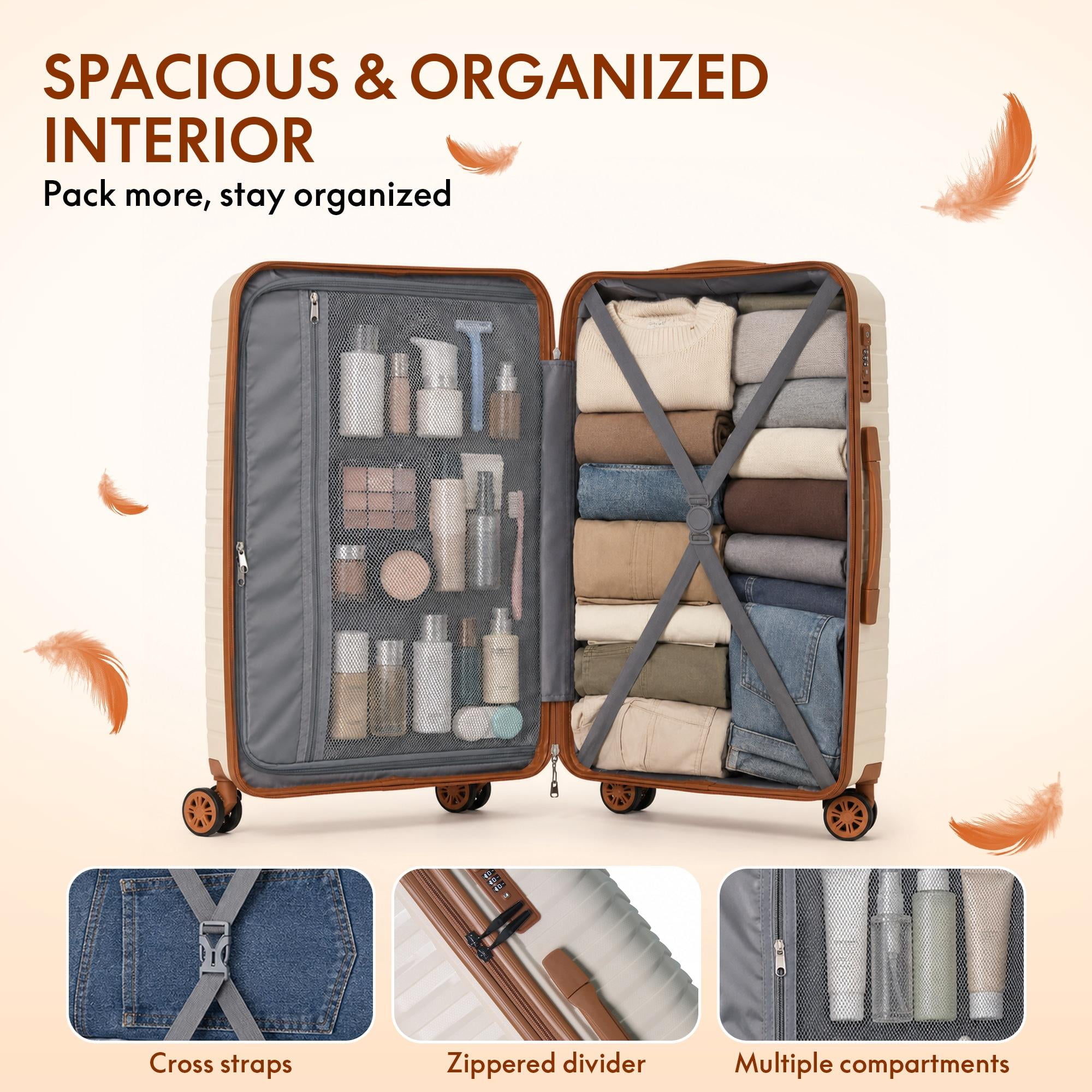 3-Piece PP Hardshell Luggage Set, Lightweight Scratch-Resistant Suitcases with Silent Spinner Wheels & TSA Lock, Beige