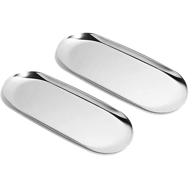 Juego de 2 bandejas ovaladas plateadas de acero inoxidable para guardar servilletas, té, frutas, cosméticos, joyas (grande x 2)