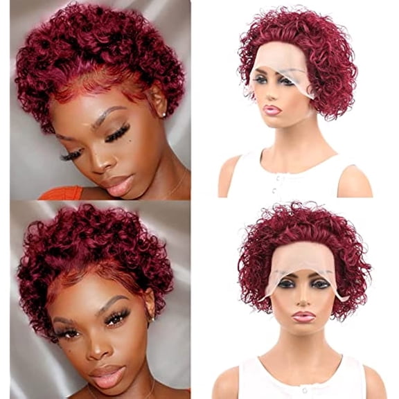 6 inch Curly Pixie Cut Wig Human Hair Burgundy Short Curly Wigs for Women Pixie Wigs Brazilian Wigs 13X1 Transparent Lace Front Wigs 99J