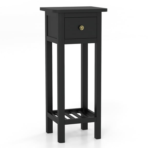 UPPYL Narrow End Table with Drawer, Tall Acacia Wood Side Table with Bottom Shelf, Modern Bedside Tables, 2-Tier Nightstand for Small Spaces Bedroom Living Room, No Assemble Required, Black