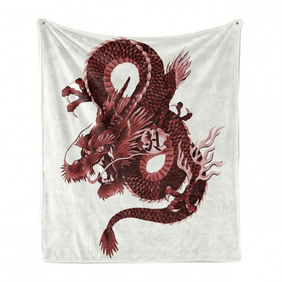 Dragon Soft Flannel Fleece Throw Blanket, Japanese Dragon Tatsu Folk Noble Monster Theme, Cozy Plush for Indoor and Outdoor Use, 50" x 60", Pale Pink and Burgundy, by Ambesonne