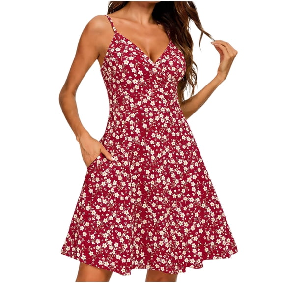 XUNKUSGA Summer Dresses for Women Trendy Ruched V Neck Spaghetti Strap Wedding Guest Dress Fashion Ditsy Print Sundresses For Women with Pockets,Red,S