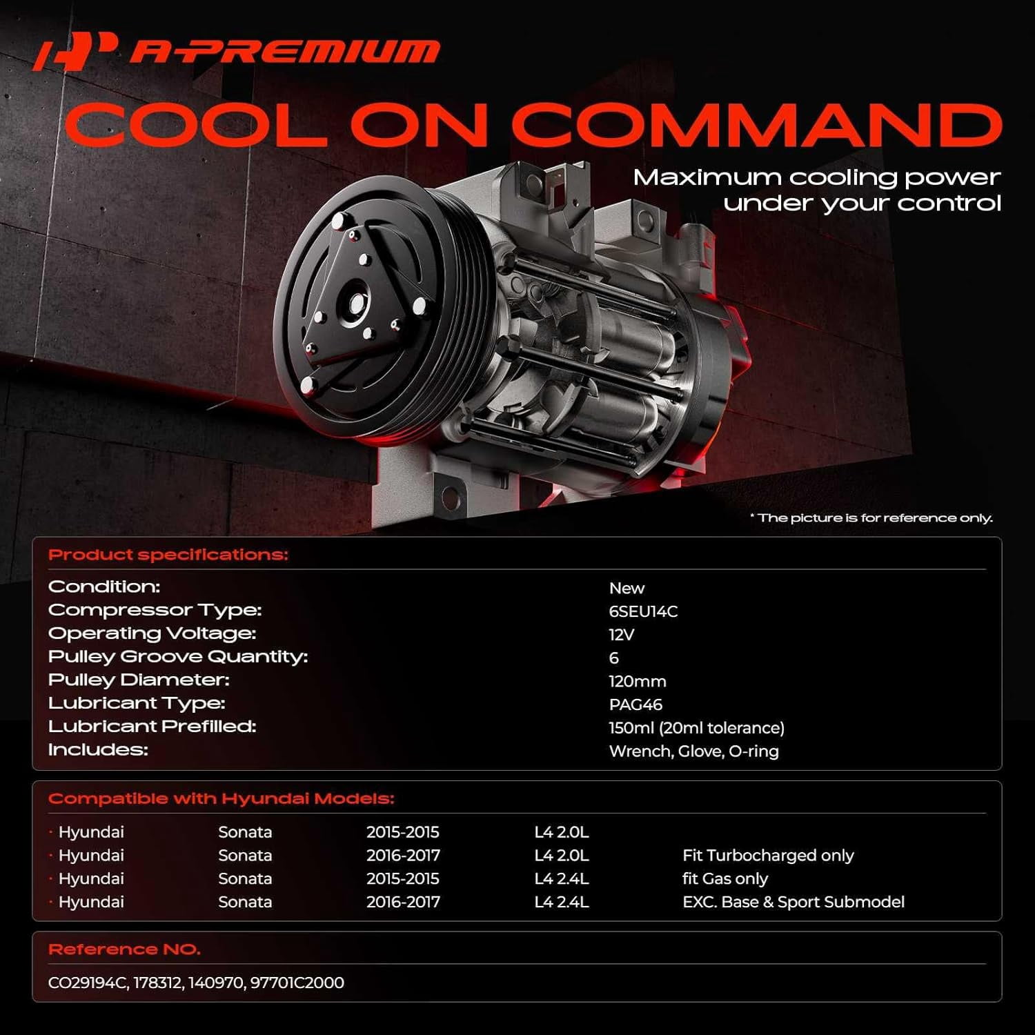 A-Premium Air Conditioner AC Compressor with Clutch Compatible with Hyundai Sonata 2.0L 2.4L 2015-2017