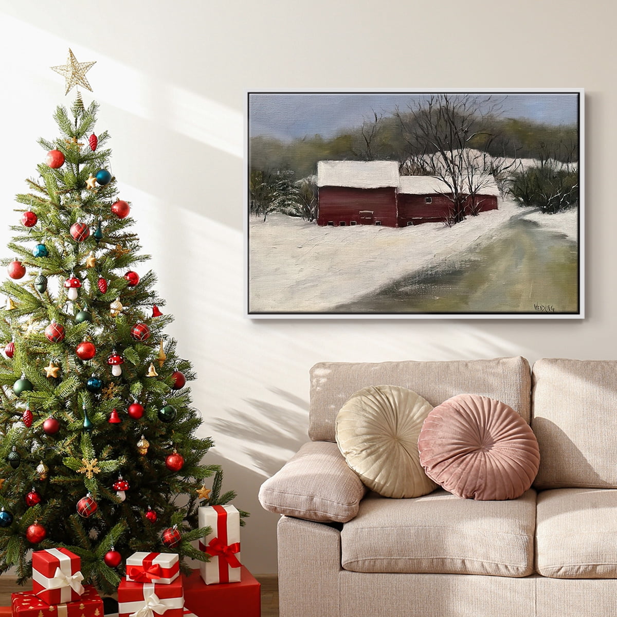 Winter Homestead II - Framed Gallery Wrapped Holiday Canvas - 17 x 25 - White Frame
