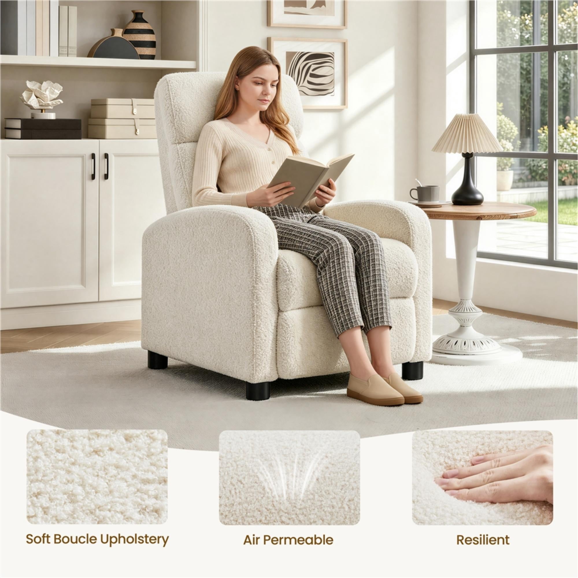 Renwick Boucle Push Back Theater Recliner Chair with Footrest, Ivory
