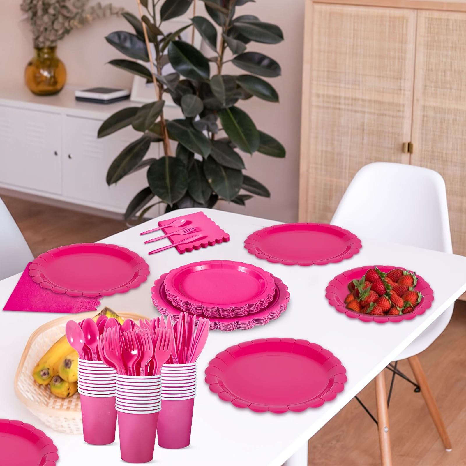 100pcs Rose Red Party Tableware Set for 25 Guests, Oil-proof and Leak-proof, Ideal for Birthday Parties, Gatherings and Picnics, Unique and Beautiful Pink Paper Plates and Hot Pink Party Decorations
