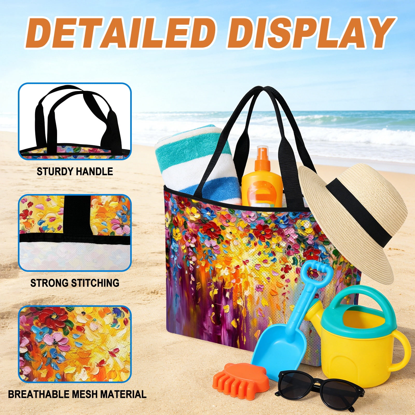 Purple Floral Beach Bag for Women, Large Breathable Mesh Beach Tote Bag, Modern Abstract Art Flowers Sandproof Lightweight Travel Bags for Vacation Picnic Swimming Pool 15.7"x15.7"x9.1"