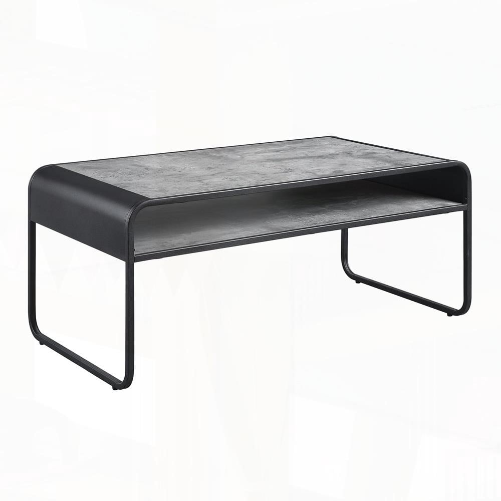 Modern Black Metal Frame Coffee Table with Concrete Gray Shelf|Sleek Design