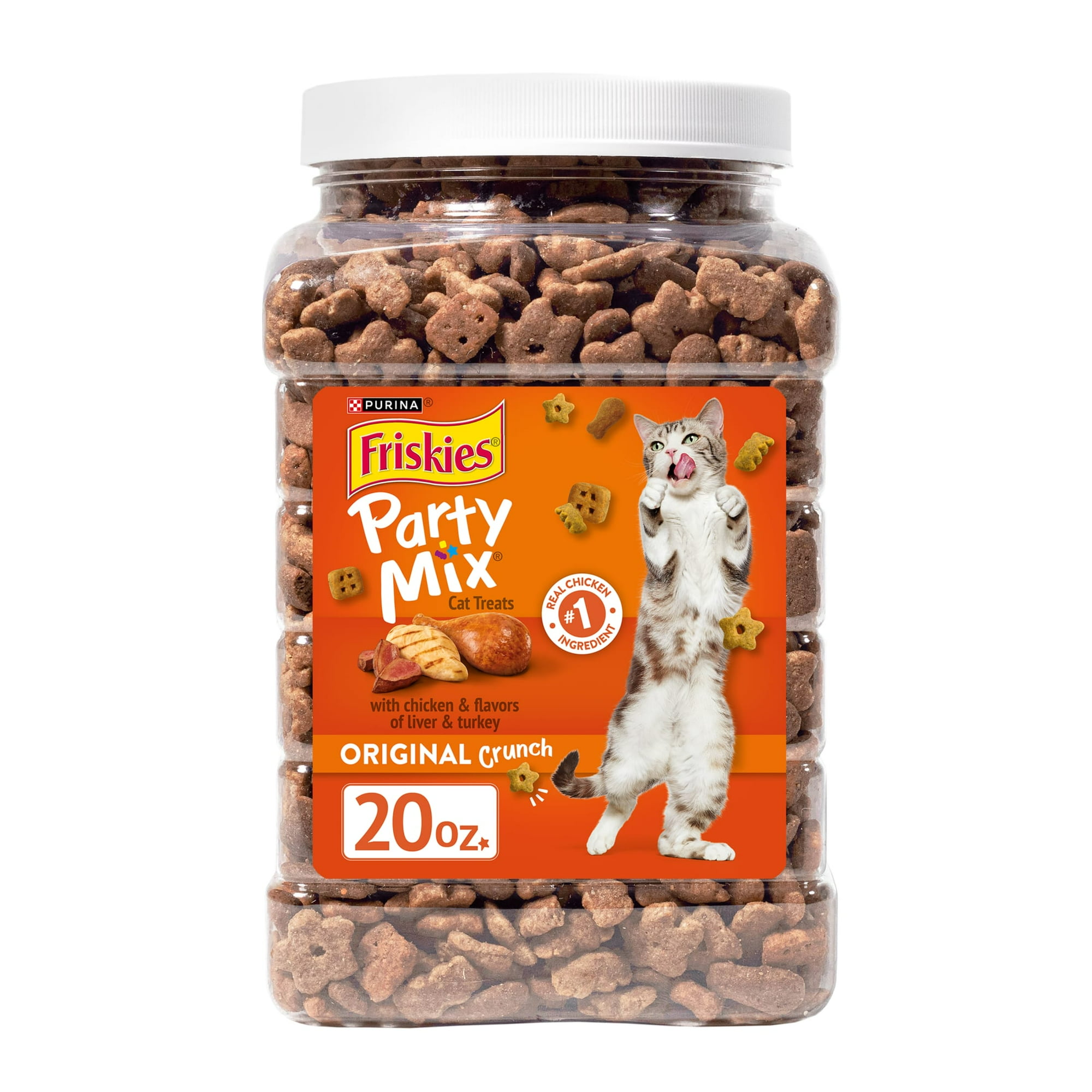 Purina Friskies Party Mix Original Crunch, Cat Treats, Chicken, Liver, & Turkey, 20 oz Canister, 3 Pack