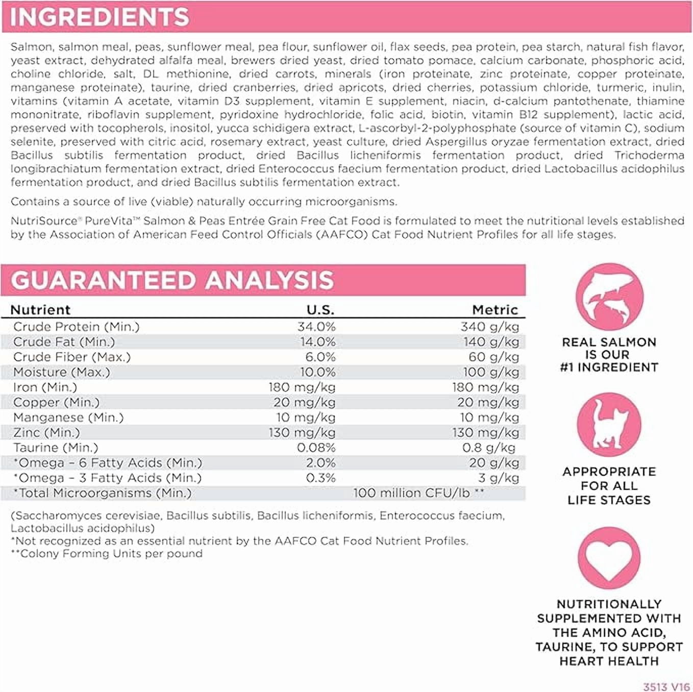 NutriSource Pure Vita Grain Free Cat Food, Salmon and Peas, 12LB