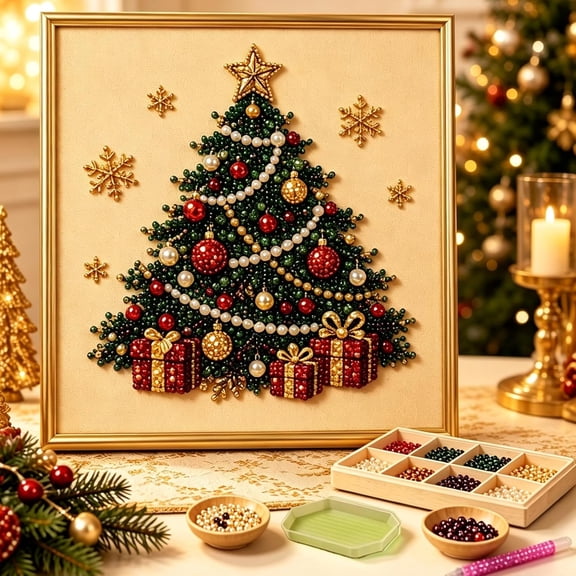 DIY Christmas Pearl Diamond Painting Art Kit, Beginner-Friendly Framed Craft with Sparkling Pearl Design, Pearly Art Kits for Adults, Christmas Wall Hanging Decor for Home, Holiday Gift (#B)