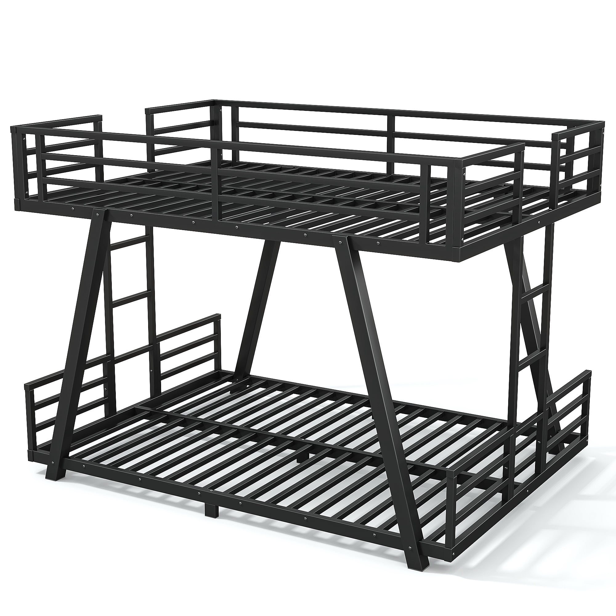 Leumius Full over Full Bunk Bed Frame with 2 Side Ladders, Metal Bunk Bed with Spdcial Support Leg Design and LED Light, Low Profile Bunk Bed for Teens Adults Black