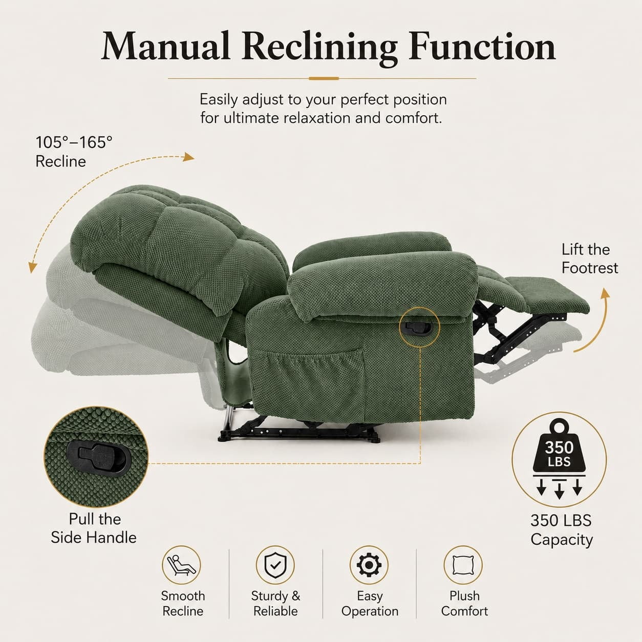 Aukfa Overstuffed Manual Recliner Chair, Upholstered Glider Lounge Armchair with Footrest for Bedroom Reading,Green
