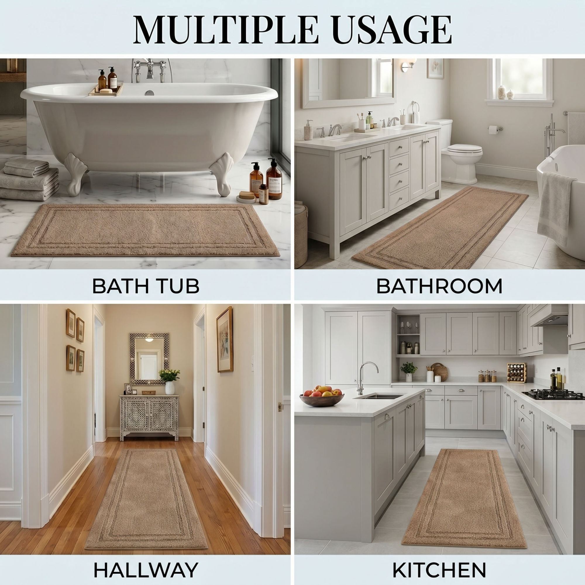 Superior Solid Bordered Cotton Washable Non-Slip Bath Rug, Runner Size, Latte