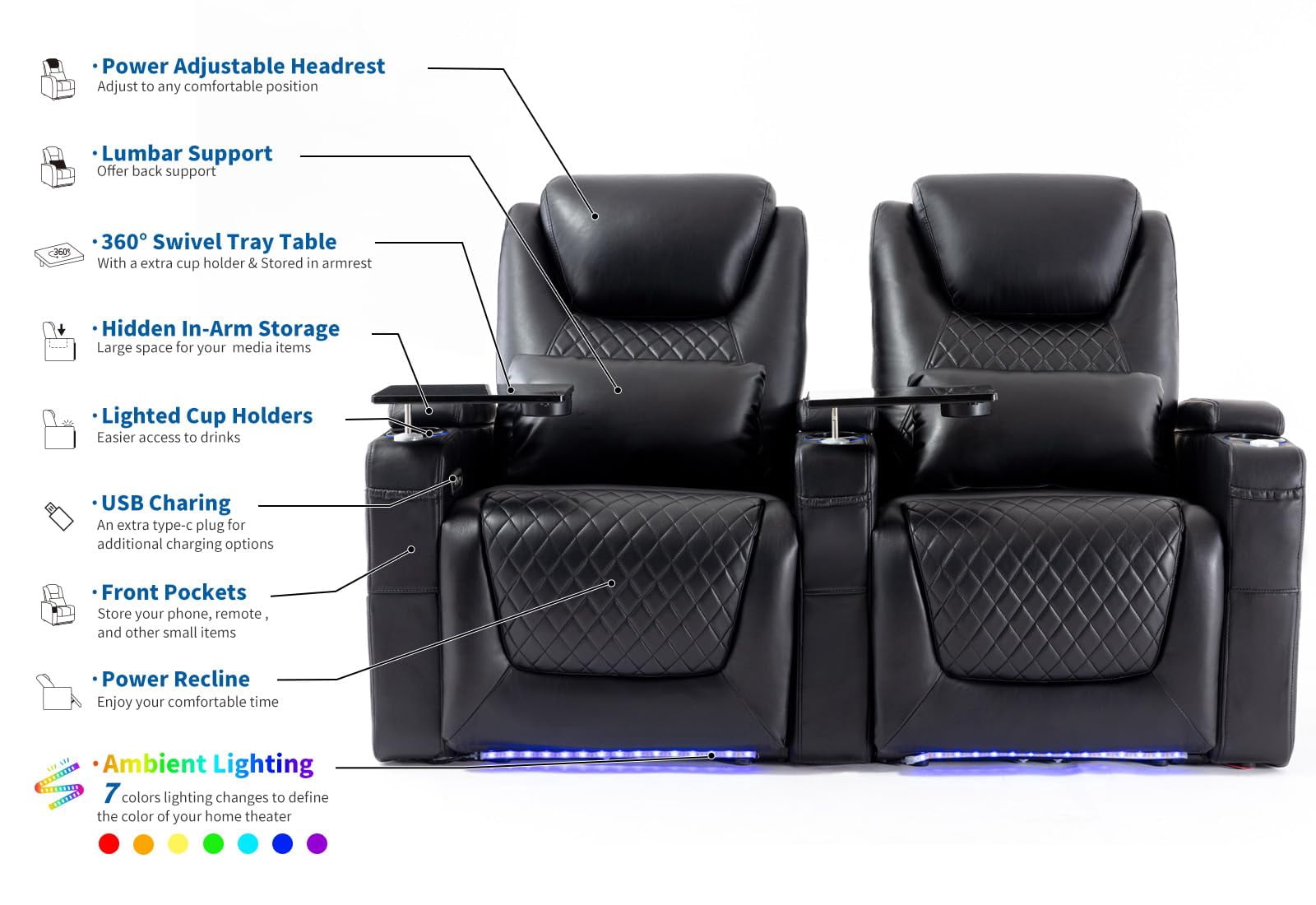 Home Theater Seating Seats, Theater Recliner Chair Sofa Game Movie Theater Chairs with 7 Colors Ambient Lighting, Lumbar Pillow, Side Pocket, Tray Table, Power Recline, Black