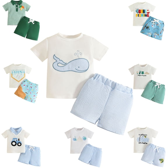 Rvasteizo Boy Outfits Embroidery Print Crew Neck Short Sleeve Top and Fashion Shorts Cute 2 Piece Set for Infant Boys