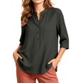 thumbnail image 6 of Vivianyo HD Women's Mandarin Collar Half Henley Placket Blouse, Curved Hem Three Quarter Sleeve Shirt For Women, Spring Summer Lightweight Tunic for Park Visits and Casual Lunches, Sizes S-2XL, 6 of 7