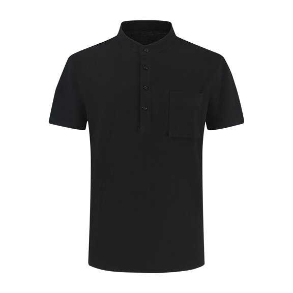 HAPIMO Men's Cotton Linen Slim Tops with Pocket Clothing Stand Collar Pullover Solid Tees Sale Fashion Summer Button Casual Workout Short Sleeve Shirts Black M