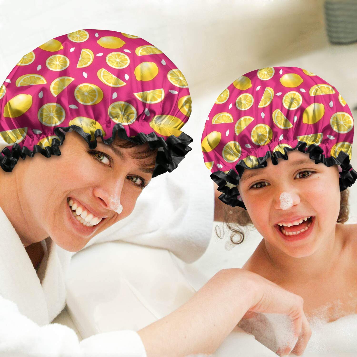 Shower Caps,Yellow Lemon Fruit Slices Pink Pattern Waterproof Shower Cap for Women 4 Pieces,Double Reusable Hair Cover for Shower PEVA Elastic Stretch Hem