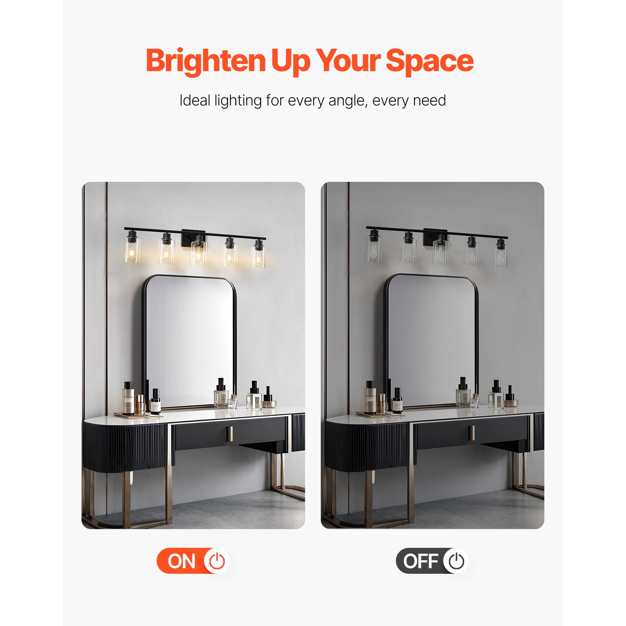 KFFKFF 5-Light Bathroom Vanity Fixture, 37.1-Inch Modern Wall Light with Clear Glass Shades, 60W, Suitable for Bathroom, Living Room, Bedroom, Hallway, E26 Base (Bulbs Not Included)