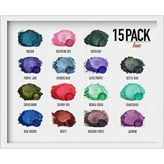 Eye Candy Mica Powder - Pigment Powder 15-Pack Hue Set - Colorant for Epoxy - Resin - Woodworking - Soap Molds - Candle Making - Slime - Bath Bombs - Nail Polish - Cosmetic Grade - Non-Toxic