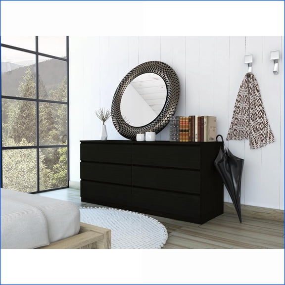 Dressers, 60.4” Wide 6-Drawer Double Dresser | Metal Rails | Black | Particle Board