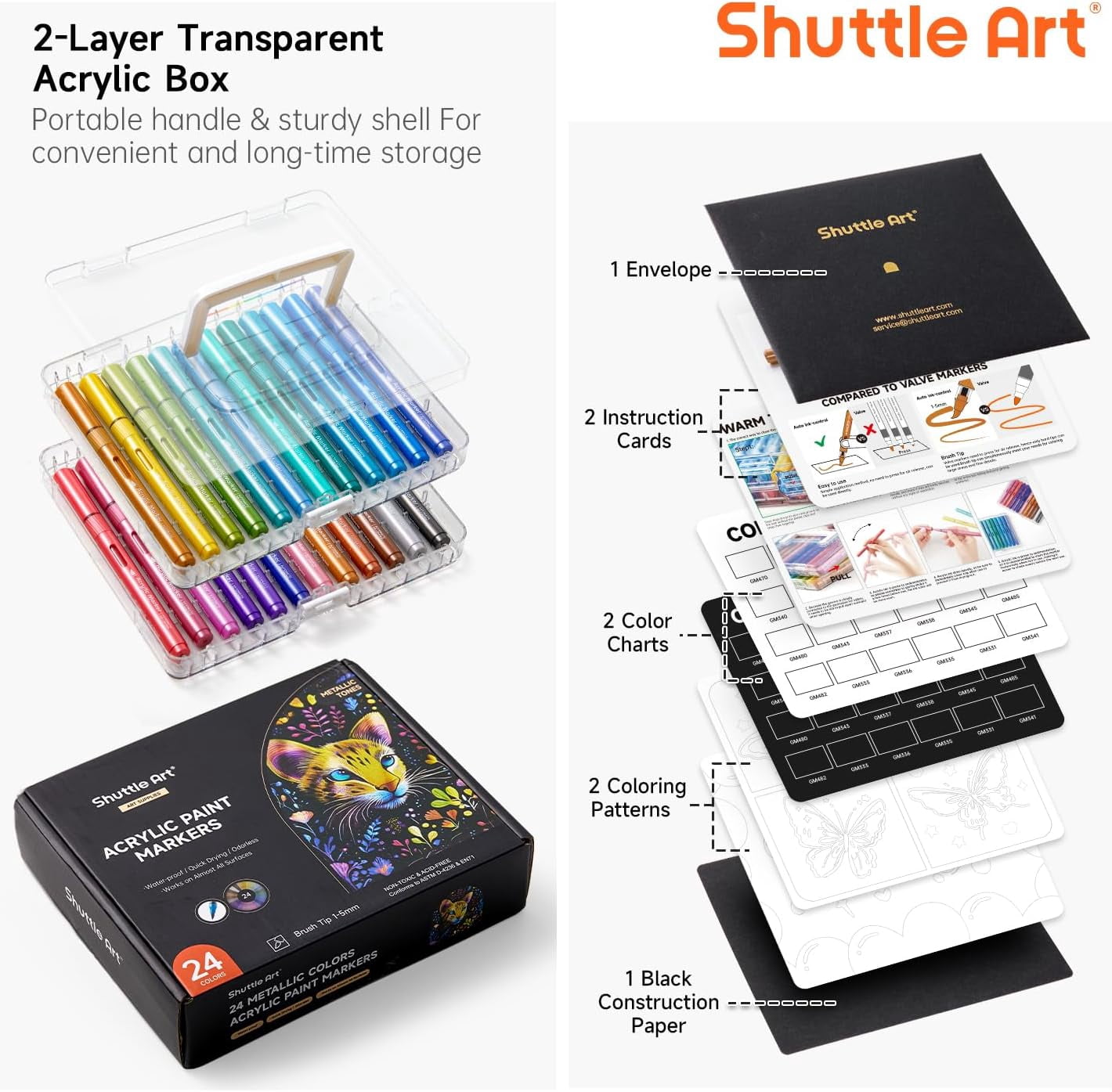 Shuttle Art Automatic Ink Control Acrylic Paint Markers, 24 Metallic Colors Brush Tip Acrylic Paint Pens for Rock Painting, Ceramic, Wood, Canvas, Glass, Stone, Fabric, Card Making