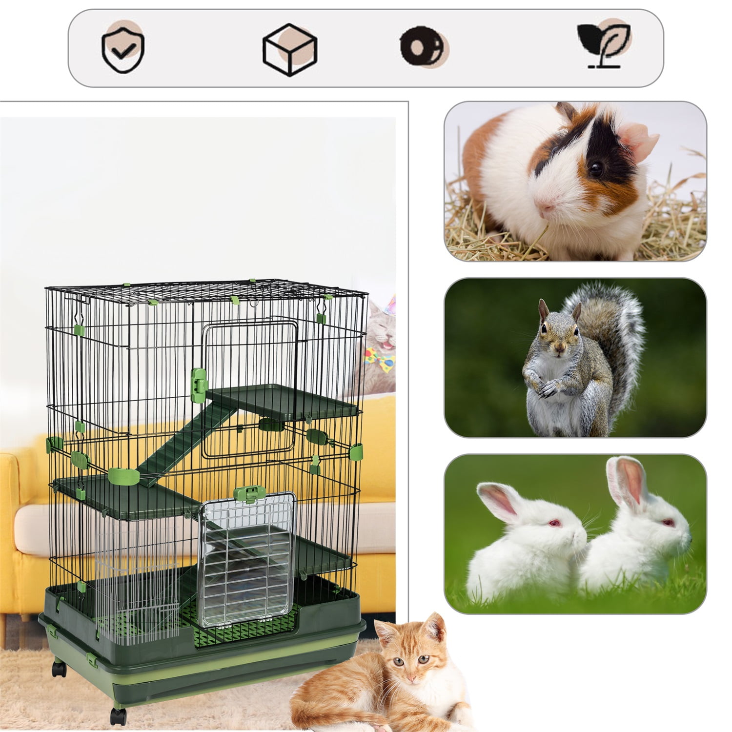 Pefilos 3-Tier Wire Cat Cage Playpen Kennel, 32" Collapsible Small Animal Metal Pet Cage with Lockable Casters Pull-out Tray for Rabbit Chinchilla Ferret Guinea Pig Squirrel Hedgehog, Green Pefilos 3-Tier Wire Cat Cage Playpen Kennel, 32" Collapsible Small Animal Metal Pet Cage with Lockable Casters Pull-out Tray for Rabbit Chinchilla Ferret Guinea Pig Squirrel Hedgehog, Green