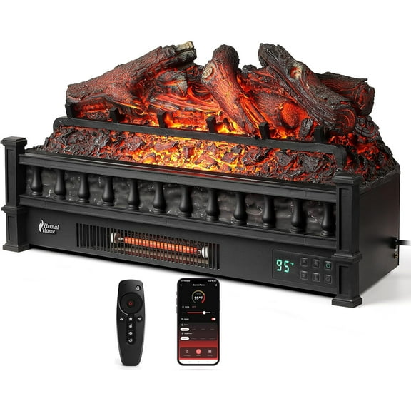 Eternal Flame 26 in. WiFi Infrared Quartz Electric Fireplace Log Heater with Sound Crackling, Realistic Lemonwood Logs, Adjustable Flame Colors, Remote Control, Thermostat, Timer, 1500W Black