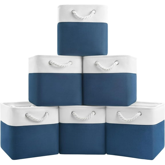 11x11 Cube Storage Bins,6 Pack Foldable Fabric Cube Organizer Bins with Rope Handles ,Storage Cubes for Organizing Bedroom, Living Room, Clothes and Toys, Shelves and Closet (White&Blue)