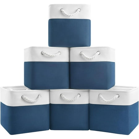 11x11 Cube Storage Bins 6 Pack Foldable Fabric Cube Organizer Bins with Rope Handles Storage Cubes for Organizing Bedroom Living Room Clothes and Toys Shelves and Closet (White&Blue)