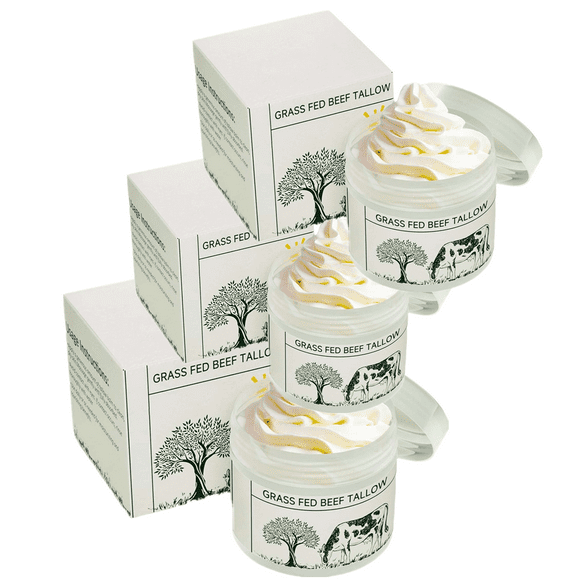 3PCS Beef Tallow, Beef Tallow for Skin, Tallow Face Moisturizer, 100% Unscented Organic Grass Fed Finished Whipped Tallow Face Cream Moisturizer Balm, Beef Tallow Skin Care for Sensitive Skin