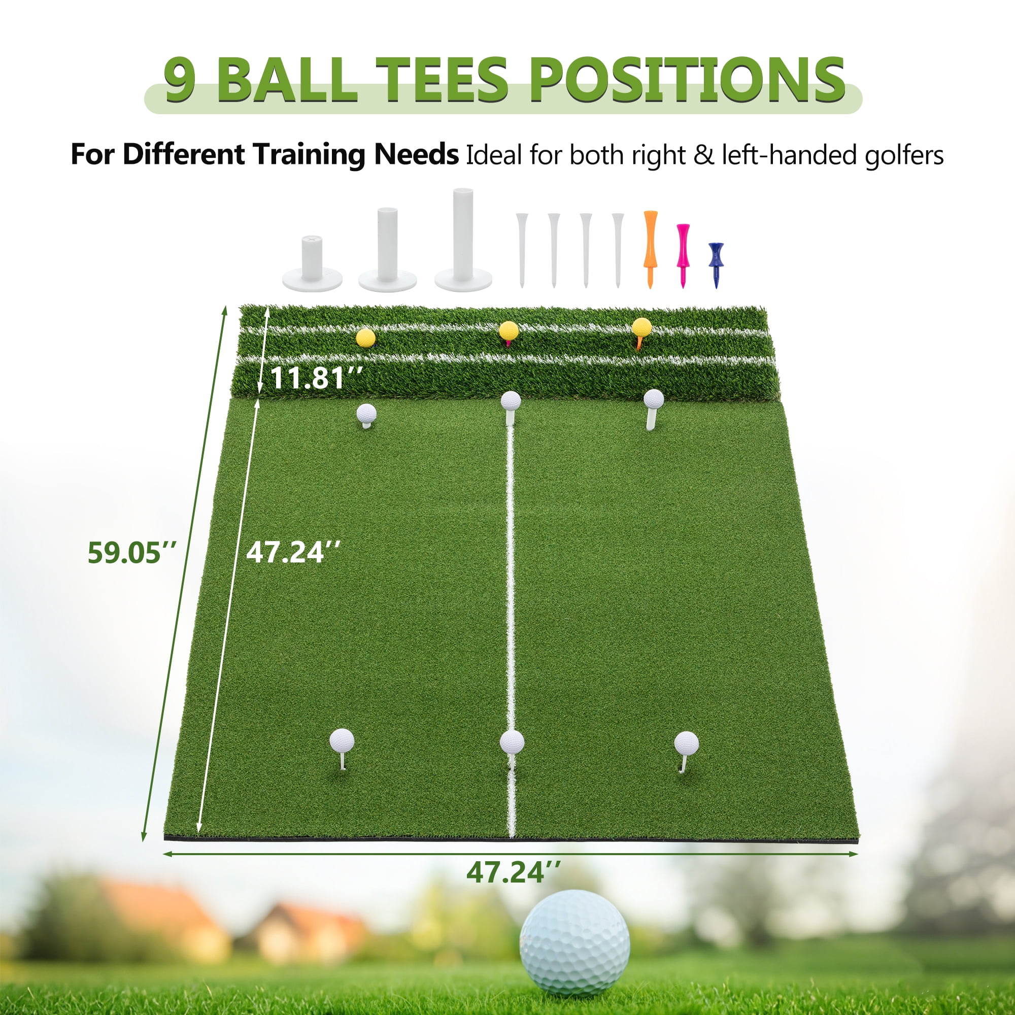 Golf Hitting Mat 5x4-Foot with Guide Line and 9 Tee Positions, Heavy Duty Swing Turf for Indoor and Outdoor Practice, Green