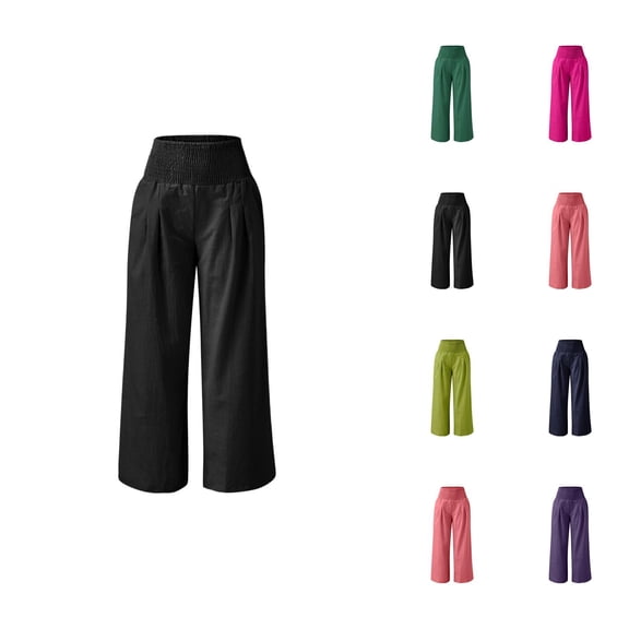 Cotton Linen Palazzo Pants for Women Smocked High Waisted Wide Leg Loose Fit Flowy Lounge Pants with Pockets Beach Trousers