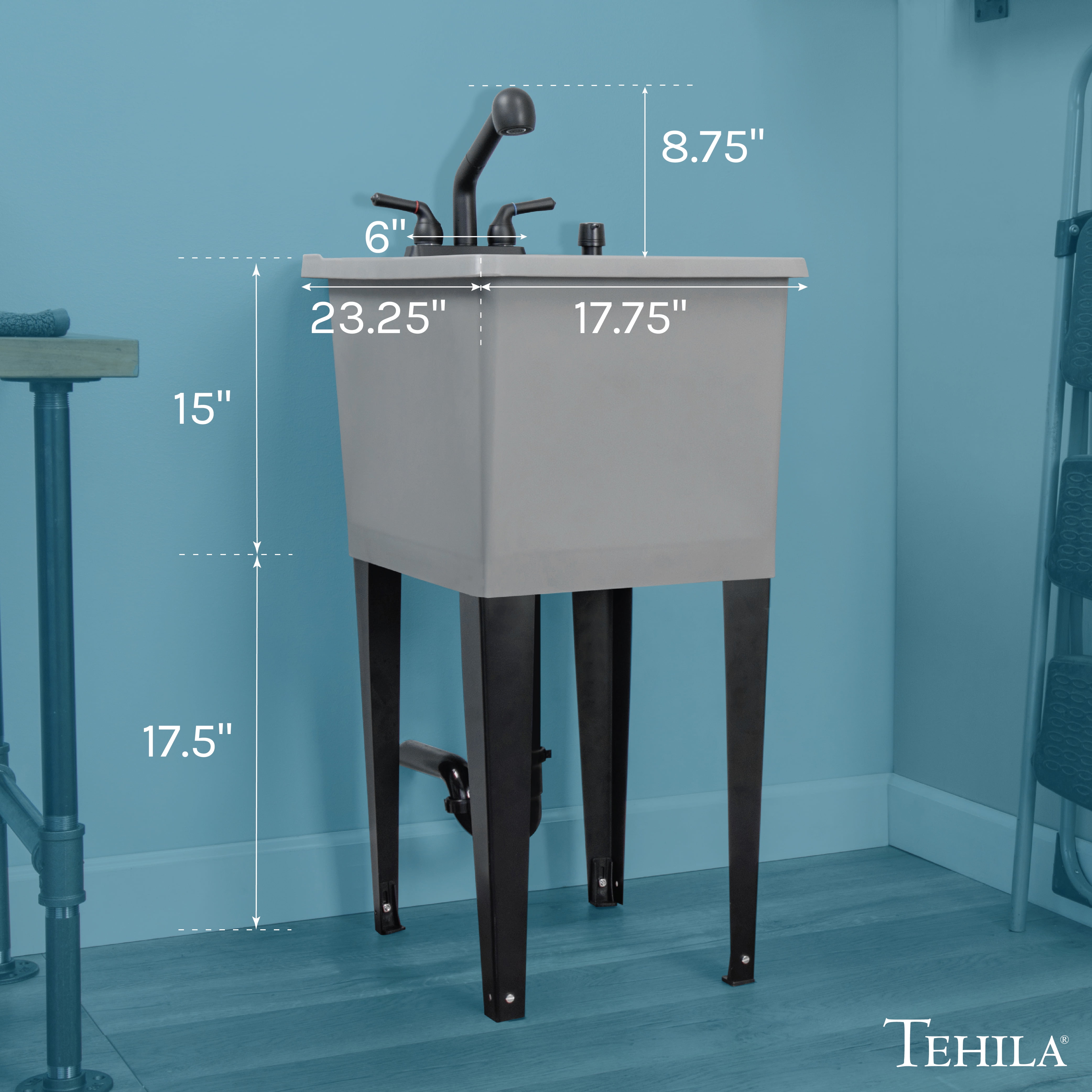Tehila Grey Freestanding Floor Mount Space Saver Utility Sink with Black Faucet for Laundry Room