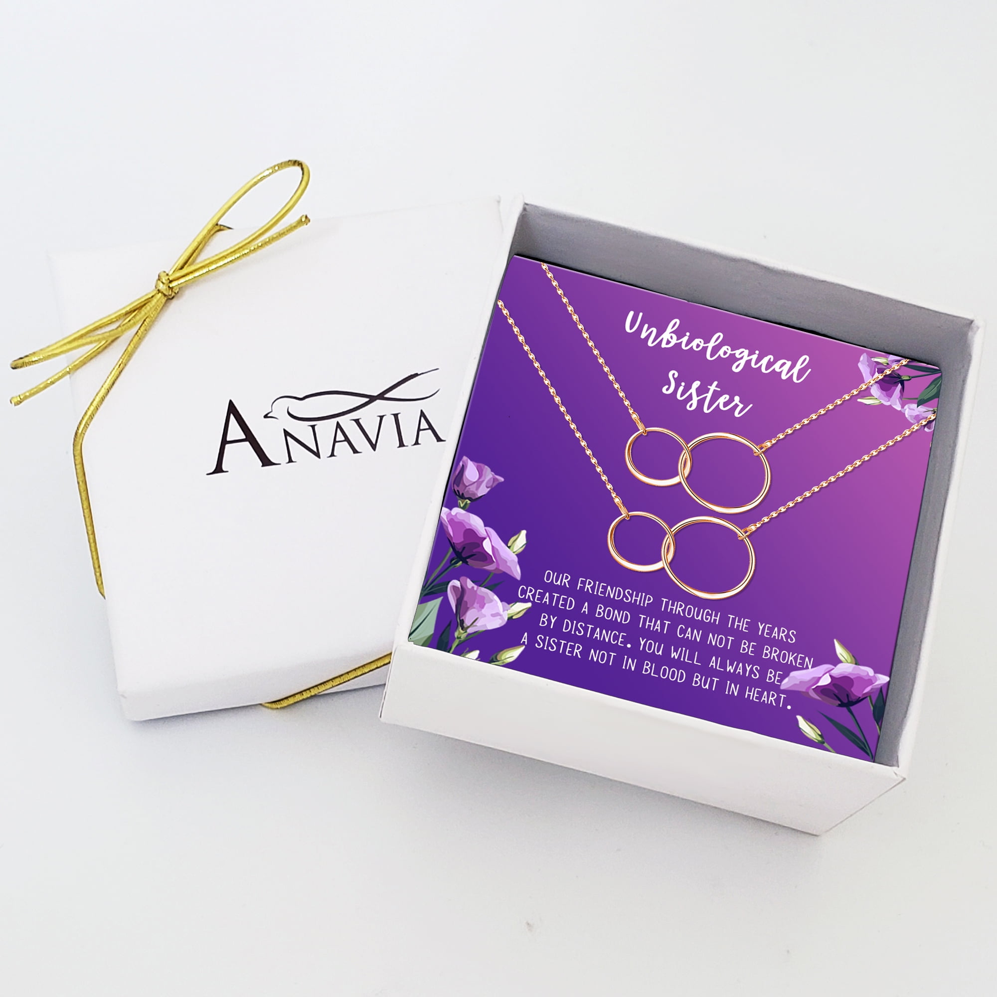 Anavia Unbiological Sister Gift Jewelry, Soul Sister Card Necklace, Sister Best Friend Gift, Big Little Sorority Card Gift-[Two Rose Gold Infinity Double Ring, Royal Purple Gift Card]