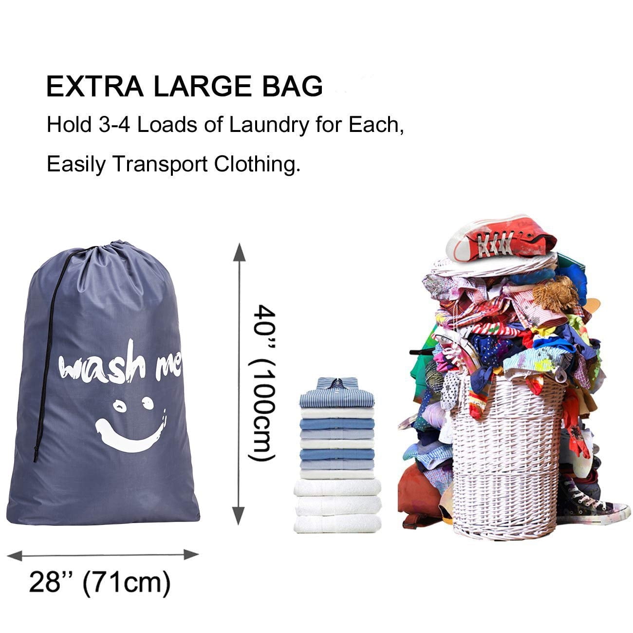 2 Pack XL Wash Me Travel Laundry Bag, Machine Washable Dirty Clothes  Organizer, Large Enough to Hold 4 Loads of Laundry, Easy Fit a Laundry  Hamper or Basket,Grey 