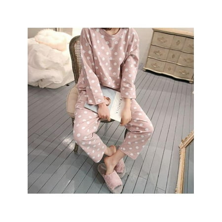 

2PC Set Women Pajamas Set Cute Polka Dot Sleepwear Casual Tops Pants Home Long Sleeve Sweet Pink nightwear
